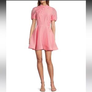 NWT Antonio Melani Iris Linen Blend Floral Applique Mock Neck A-Line Mini Dress